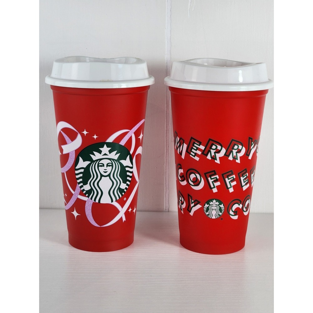 Starbucks Reusable Red Holiday Coffee Cups 2013 Vintage Merry Coffee Set of 2
